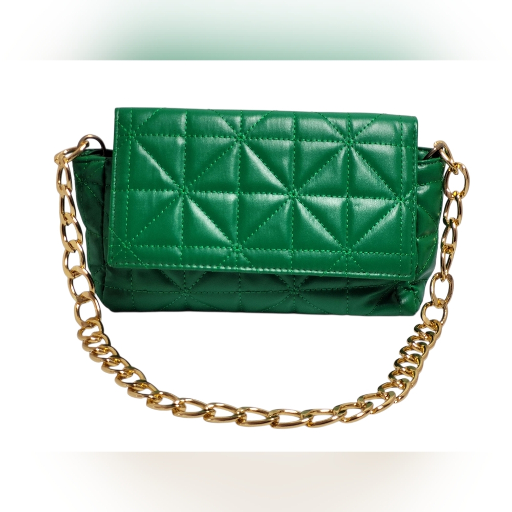 Zara Quilted Green Shoulder Bag with Gold Chain